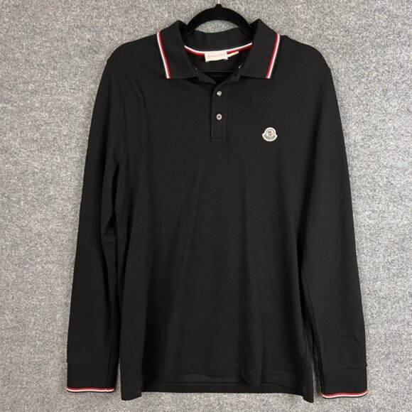 Moncler Long Sleeve Polo Shirt Men's Black Logo Trim Collar Cuffs Size Large - Picture 1 of 13